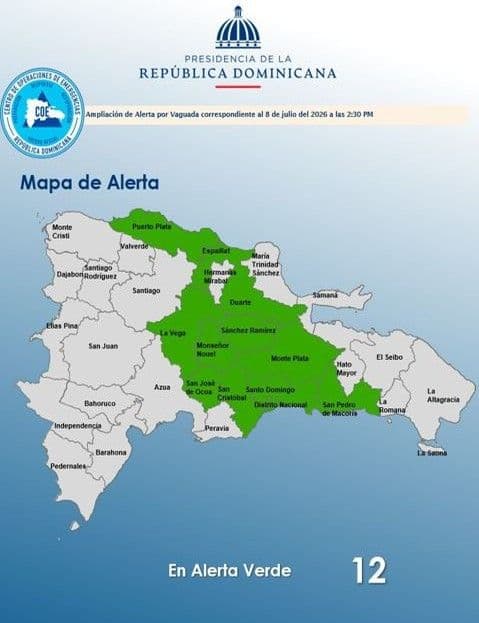 COE eleva a 12 las provincias en alerta verde por intensas lluvias