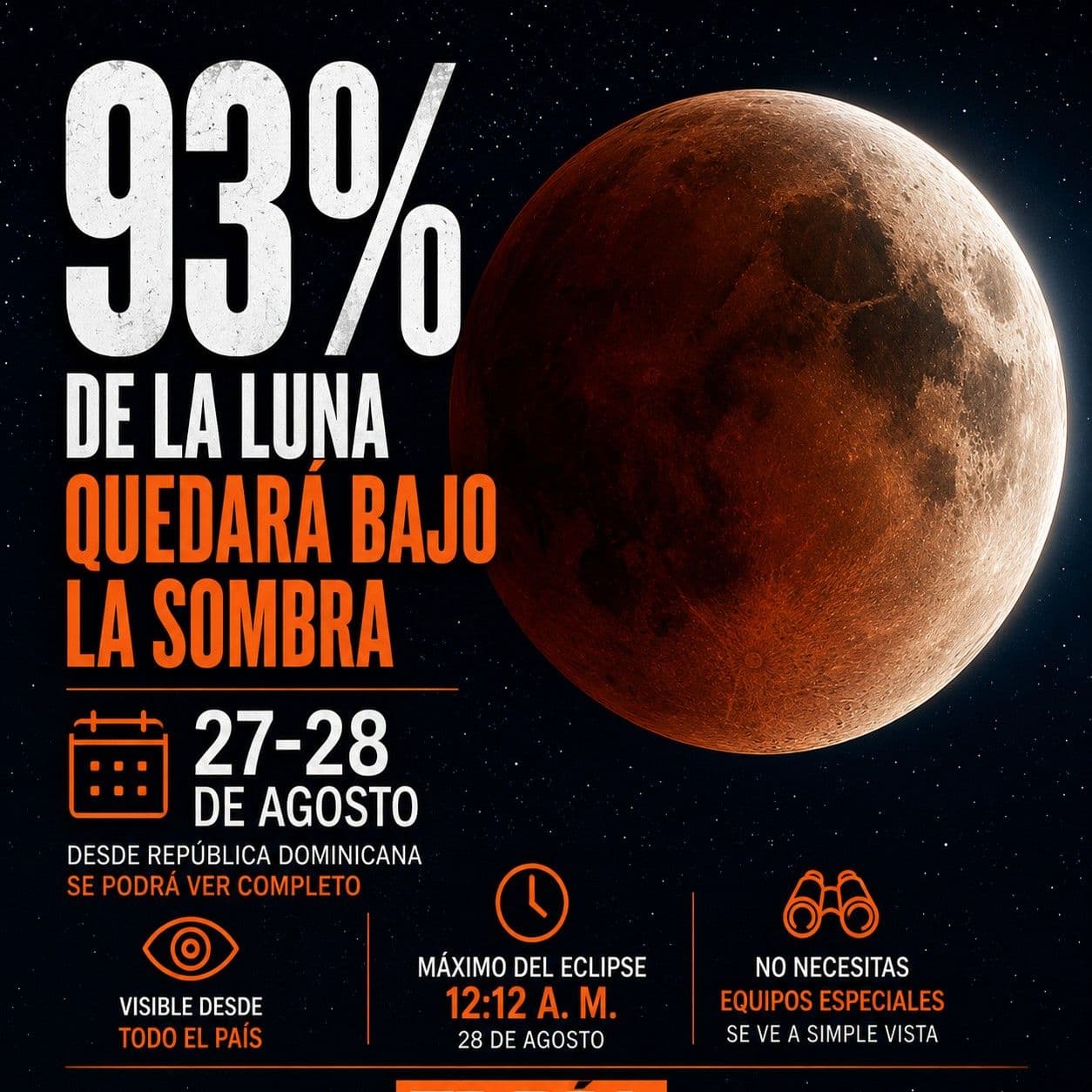 República Dominicana observará un eclipse lunar parcial del 93%