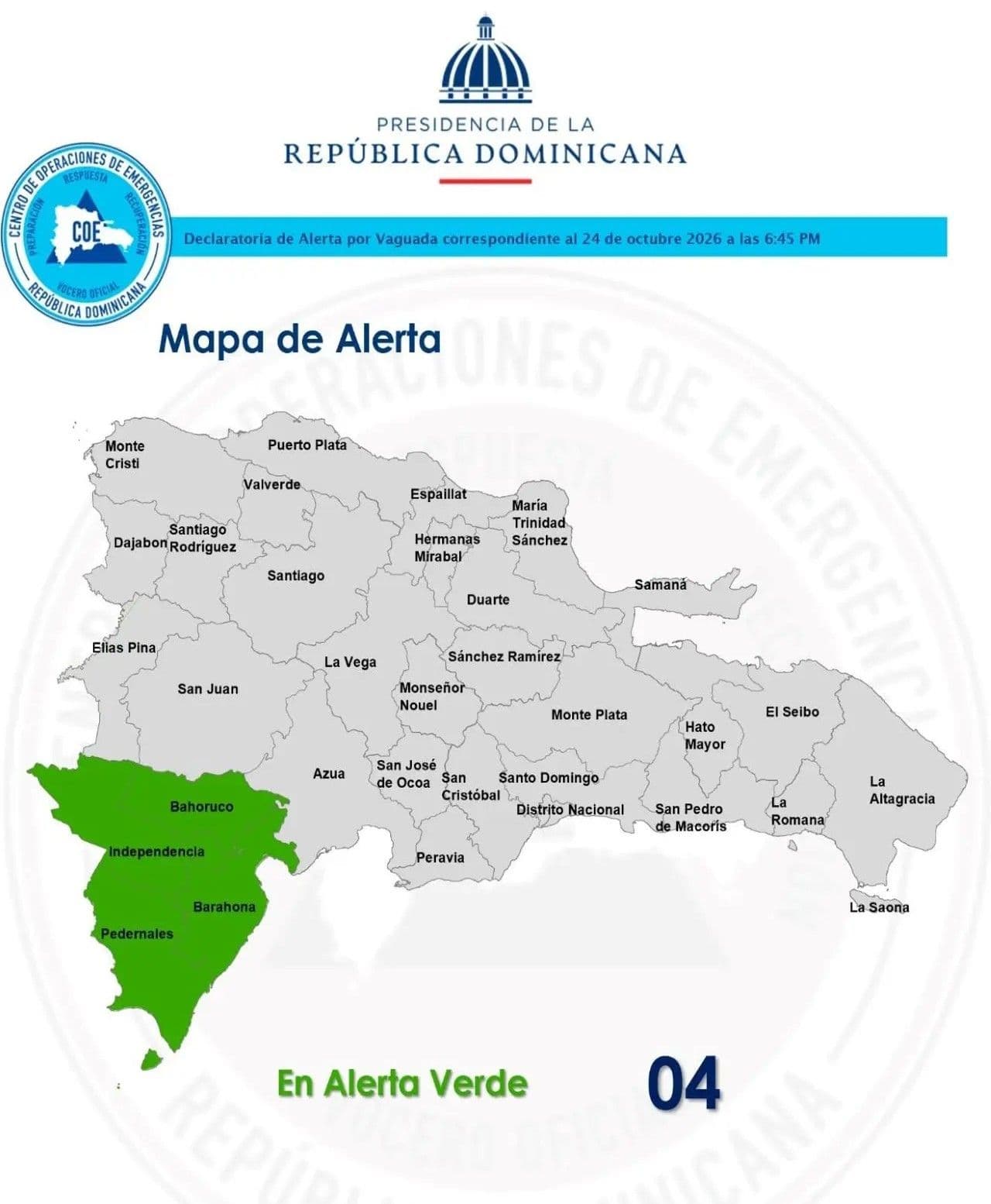 COE emite alerta verde para cuatro provincias por lluvias