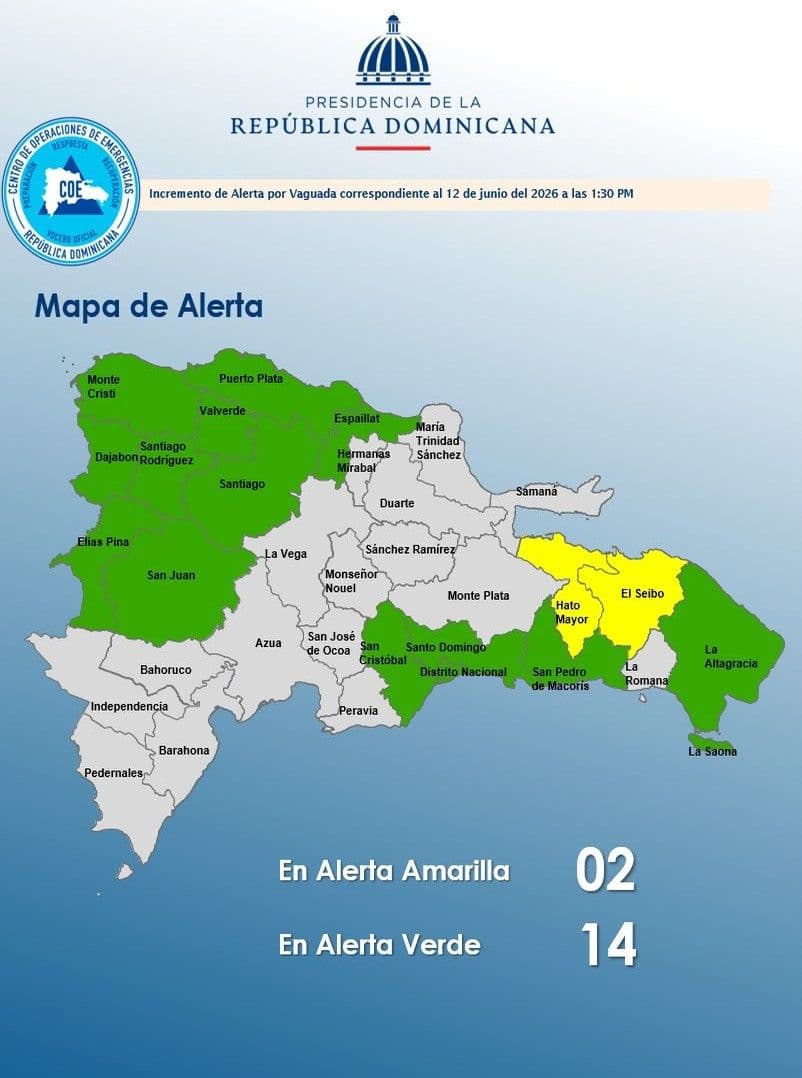 COE eleva a 16 las provincias bajo alerta por condiciones meteorológicas