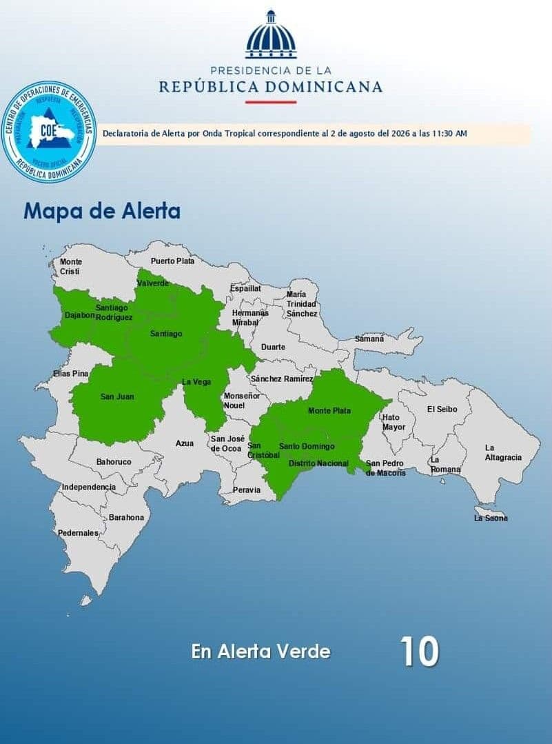 COE emite alerta verde por lluvias en nueve provincias y el Distrito Nacional