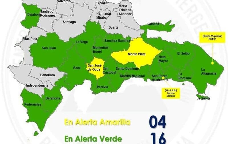 COE reduce alertas amarillas pero advierte sobre lluvias continuas en República Dominicana